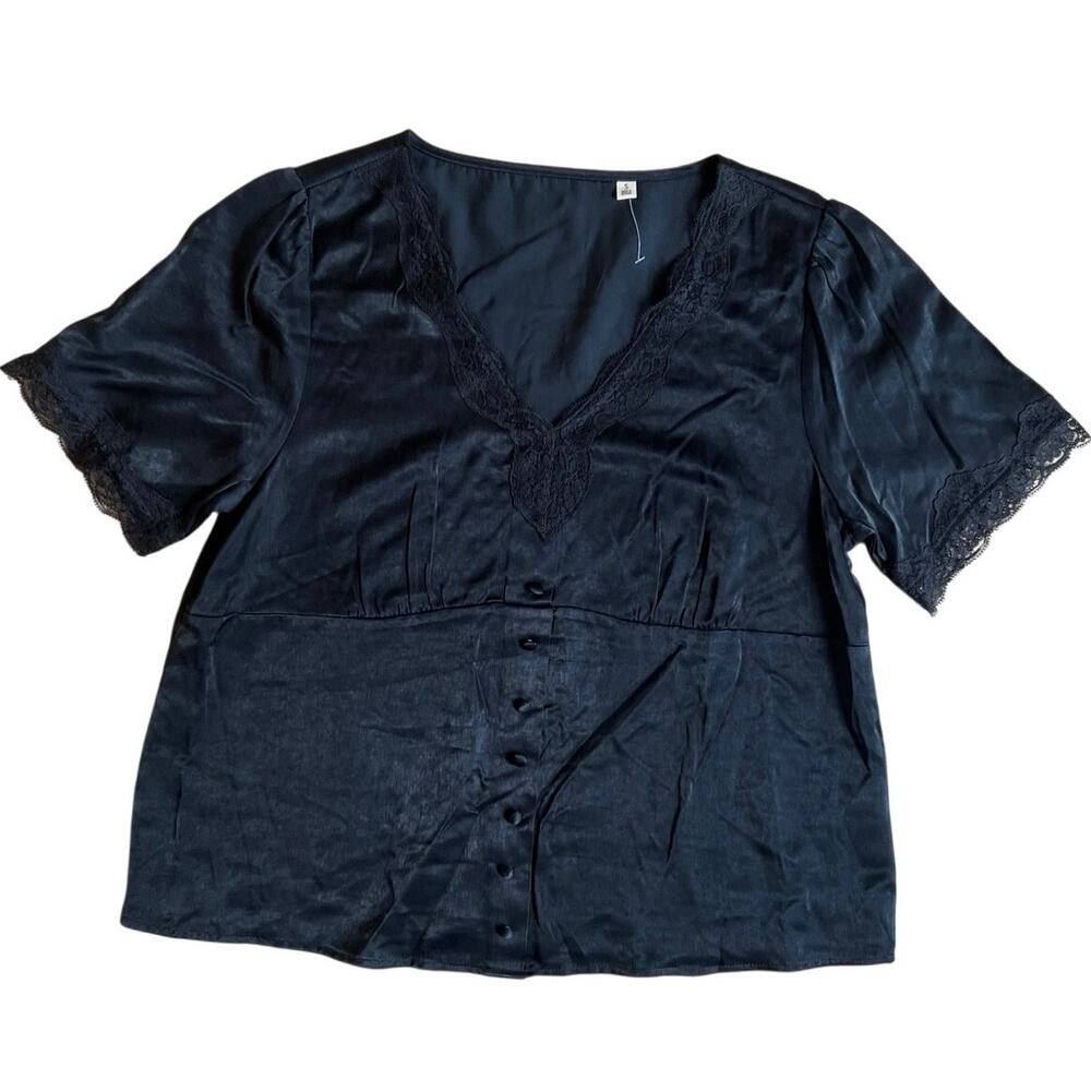 Y2K Black Babydoll Lace Trim Women’s Button Cottage Top Size Small